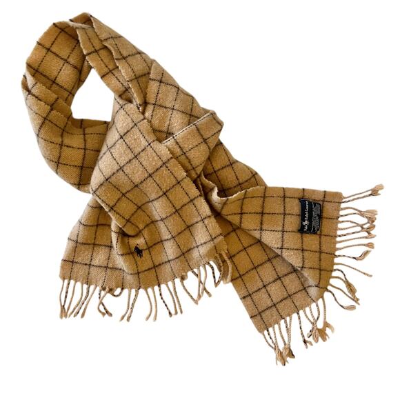 Vintage Polo Ralph Lauren Camel Tan Check Lambswool Fringe Muffler Scarf - Picture 6 of 7